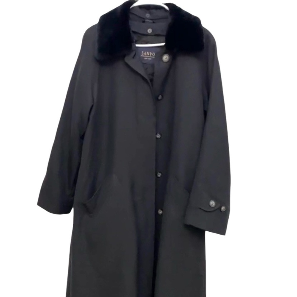 Sanyo Wool Lining and Faux Fur Collar Black Lined Trench Coat M